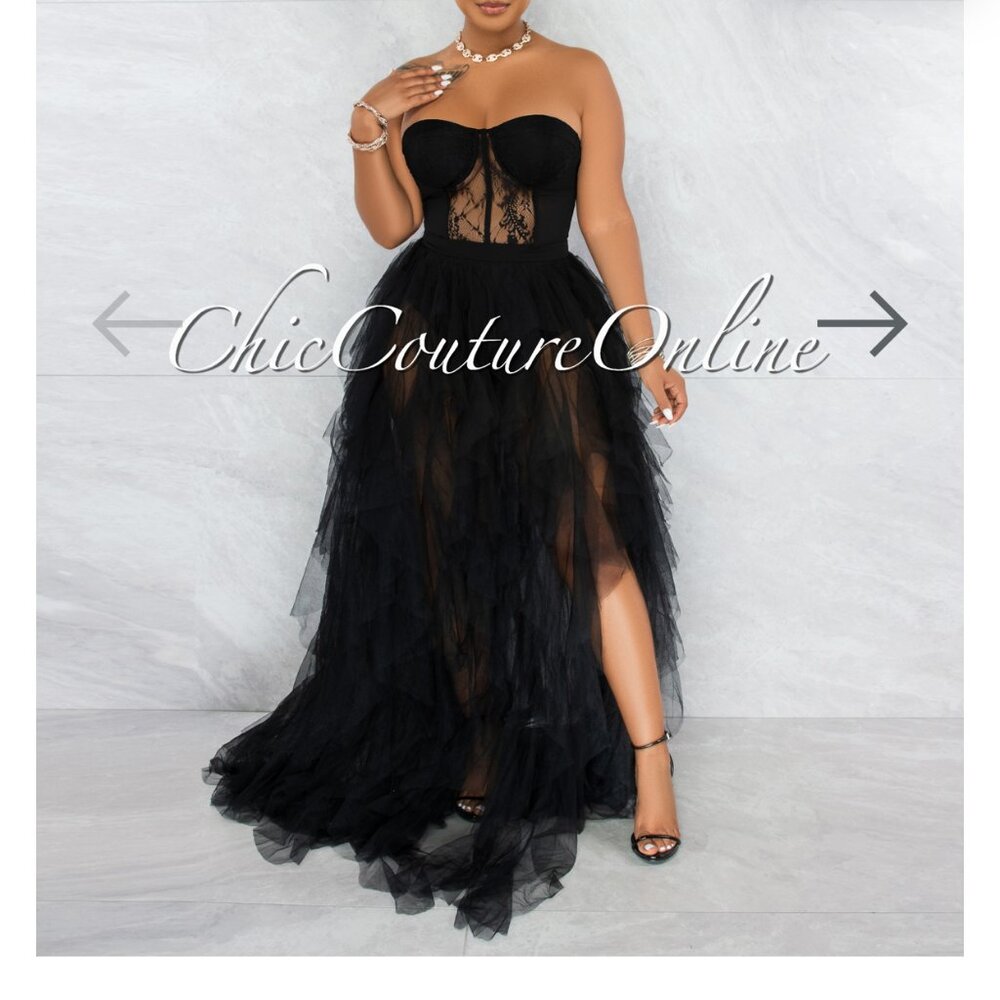 Andreina Black Lace Top Tulle Ruffles Maxi Dress